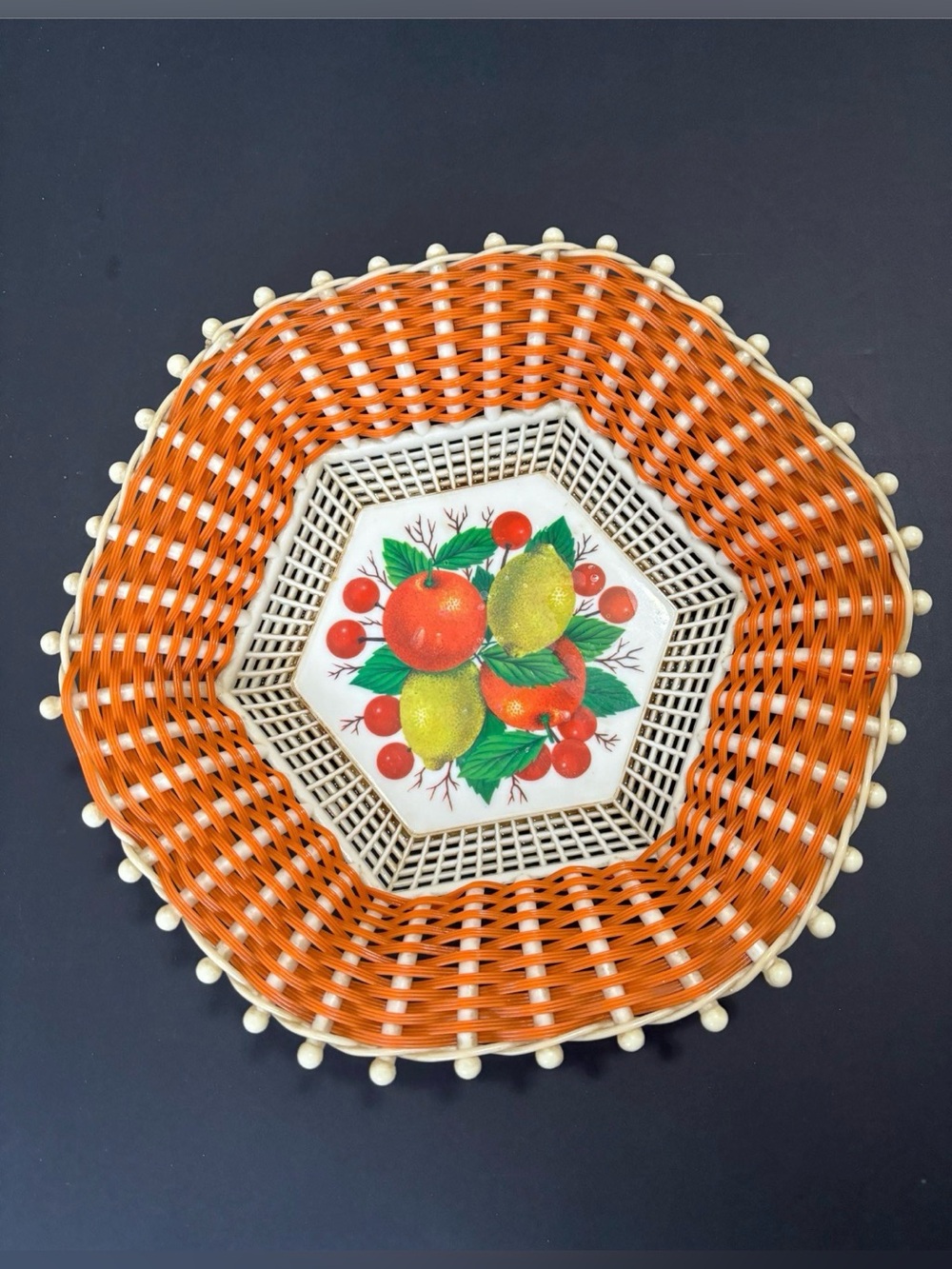 VTG Plastona No. 1160 Woven Scoubidou Plastic Fruit Basket Made in Greece